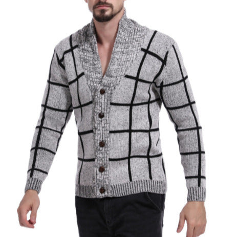 Herren modische Strickjacke mit V-Ausschnitt und modernem Karomuster EB
