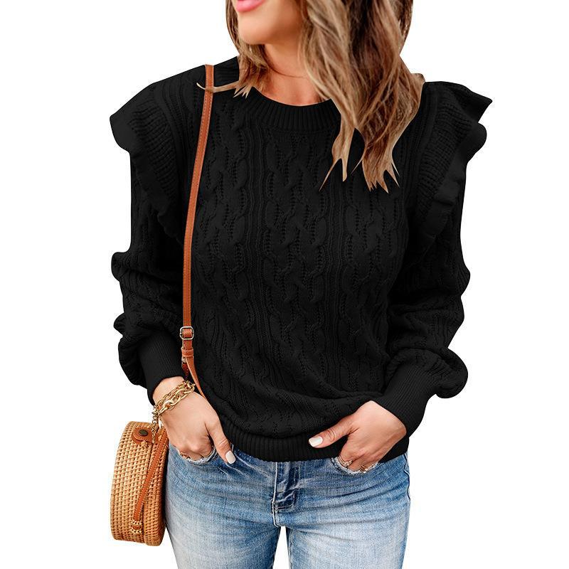 Damen Grobstrickpullover mit Rüschenärmeln und modischem Muster EB