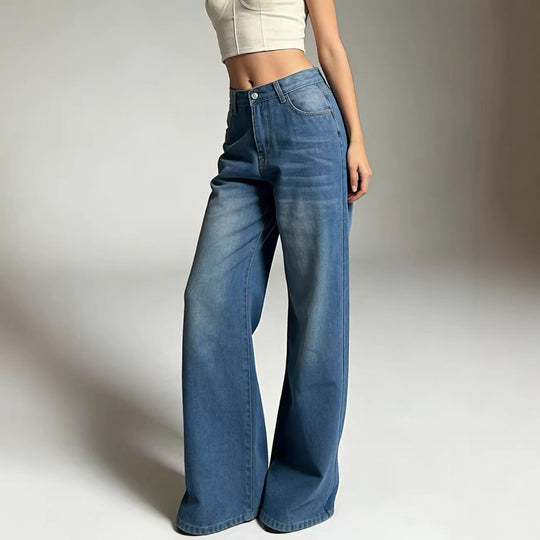 Damen weite Denim-Hose mit Vintage-Waschung und hoch geschnittenem Bund EB