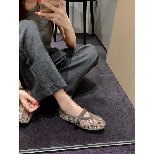 Damen Netz-Ballerinas mit dekorativem Riemen EB