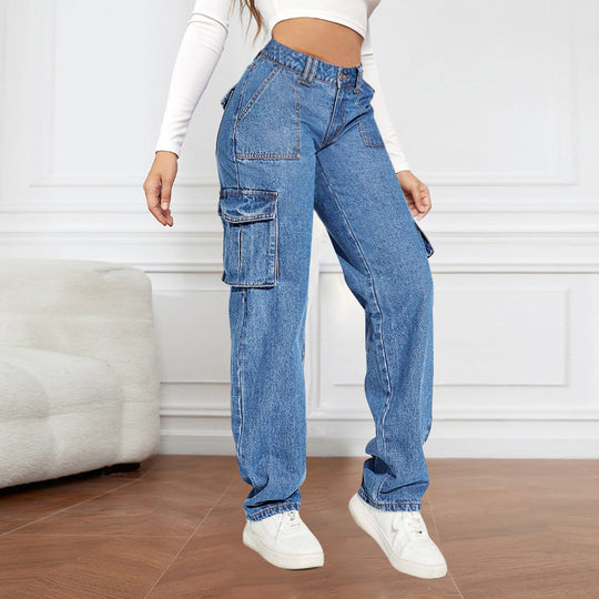 Damen Cargo-Jeans mit hoher Taille und praktischen Taschen EB