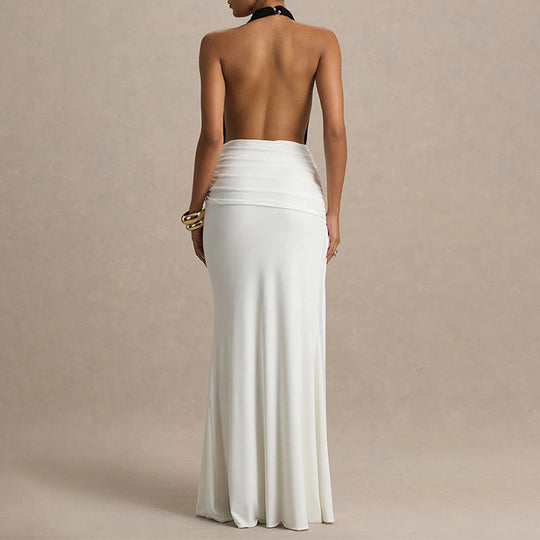 Damen Elegantes Maxikleid mit tiefem V-Ausschnitt und gerafftem Rock EB
