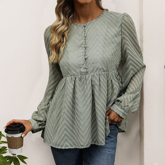 Damen Chiffon-Peplum-Bluse mit Chevron-Struktur, geraffter Empire-Taille & Knopfleiste EB