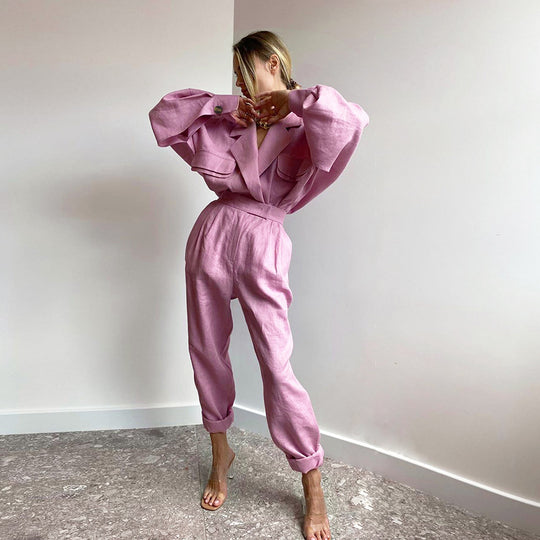 Damen Modisches Oberteil und Hose Set mit voluminösen Ärmeln EB