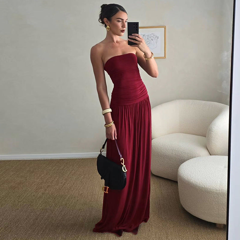 Damen Maxikleid mit elastischem Oberteil und fließendem Rock EB