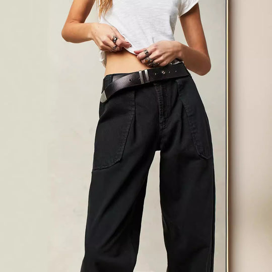 Damen nan weite High-Waist Baggy-Jeans mit tiefem Schritt, Five-Pocket Design und extra-langen Beinen EB