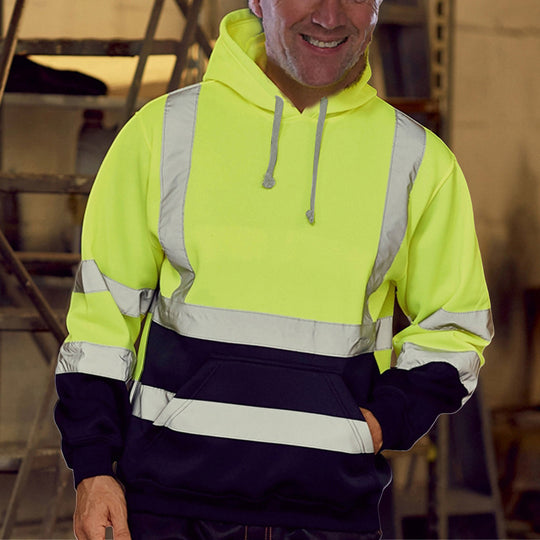 Herren nan reflektierende Sicherheits-Hoodie mit kontrastreichen Reflektorbändern, Kängurutasche und verstellbarer Kapuze EB