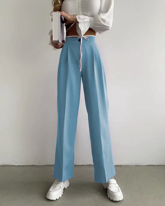 Damen weite klassische Hose mit hohem Bund und praktischen Bindegurten EB