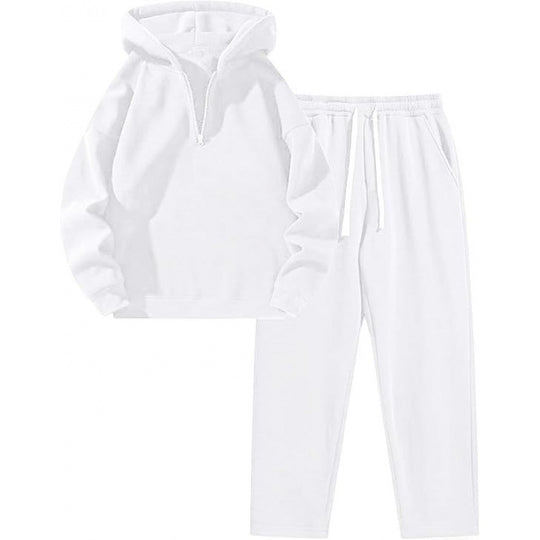 Damen nan Relax-Set mit kurzem Halbzip, übergroßer Kapuze und taillenhoher tapered Jogginghose EB