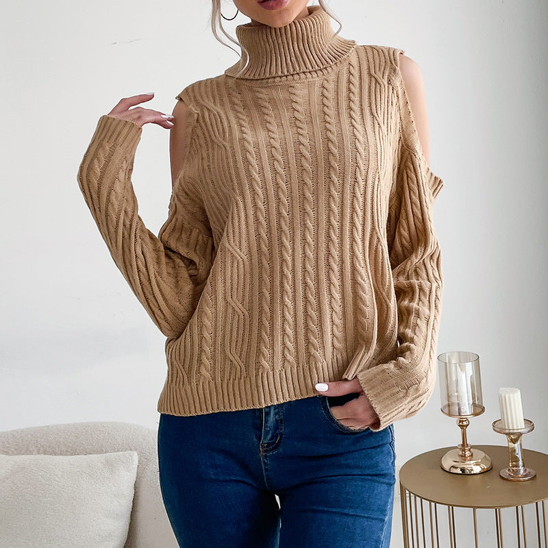 Damen Rollkragenpullover mit Zopfmuster und Schulter-Cutouts EB