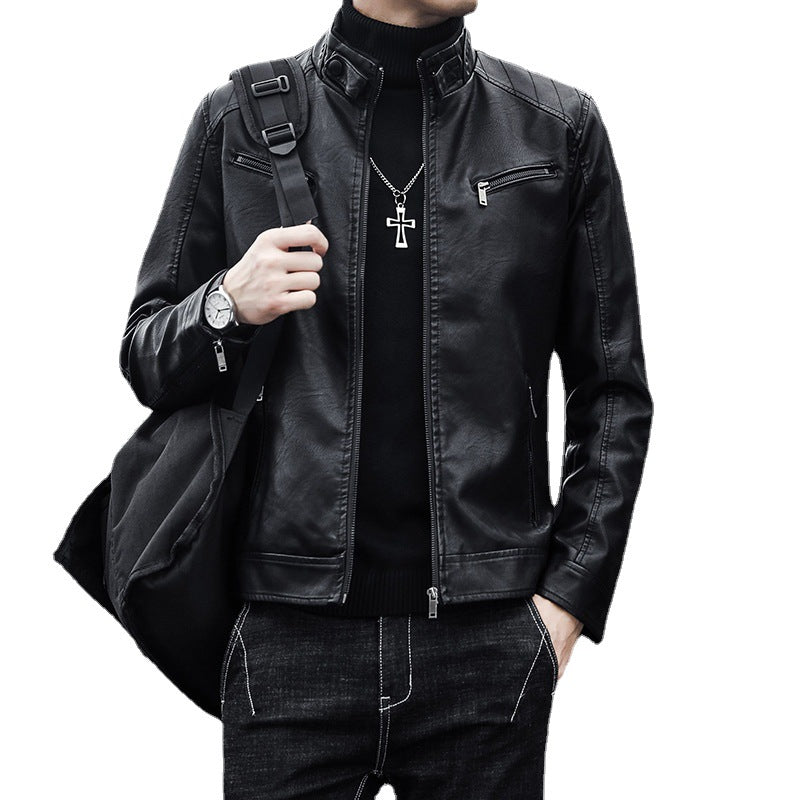 Herren Kunstleder-Motojacke mit hohem Stehkragen und Reißverschlusstaschen EB