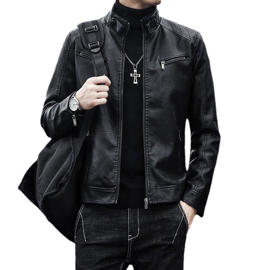 Herren Kunstleder-Motojacke mit hohem Stehkragen und Reißverschlusstaschen EB