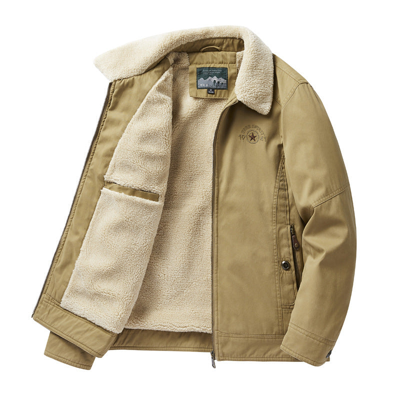 Men's  sherpa-lined canvas chore jacket with full fleece interior and zip closure EB