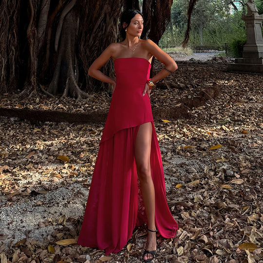 Damen Elegantes Maxikleid mit asymmetrischem Schnitt und verführerischem Schlitz EB