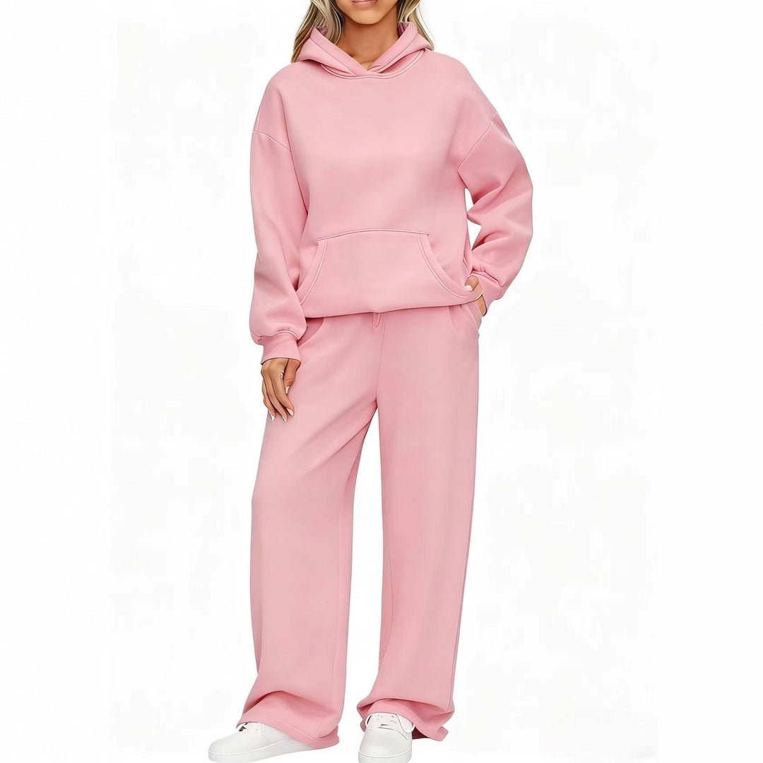 Damen nan Cozy-Loungewear-Set mit oversized Kapuzenpullover, Kängurutasche und weiten Palazzo-Jogginghose EB