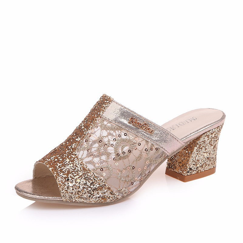Damen nan elegante offene Pantolette mit feinem Netz, funkelnden Applikationen und mittelhohem Blockabsatz EB