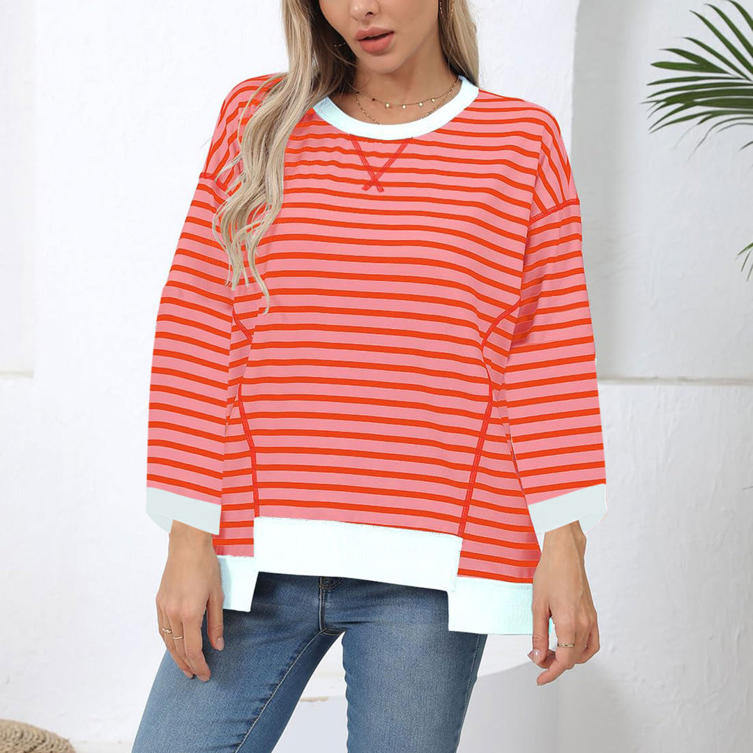 Damen nan oversized gestreifter Sweatshirtpullover mit kontrastsaum, überschnittener Schulter und seitlichen Schlitzen EB
