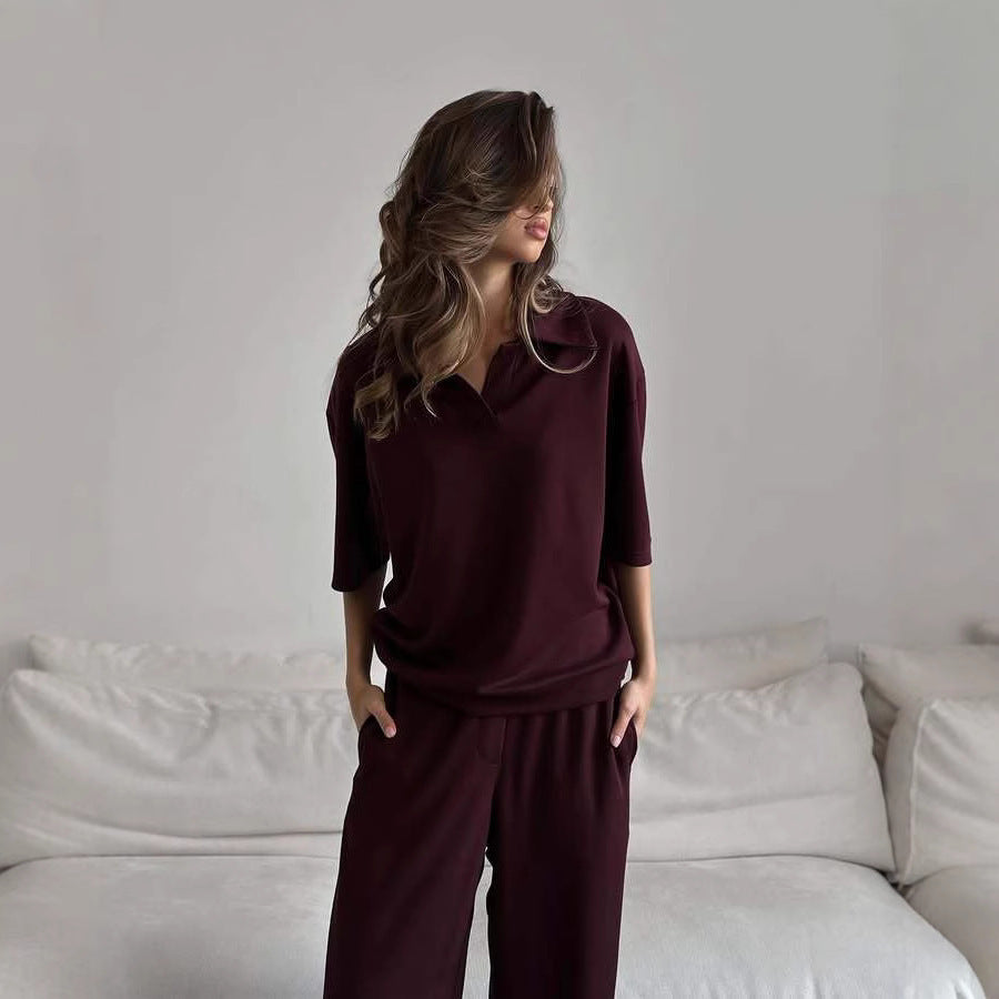 Damen Loungewear-Set mit offenem Polokragen und weiter Komforthose EB