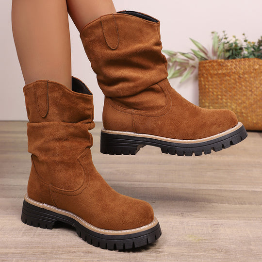 Damen weiche Wildleder-Stiefel mit lässigem Faltenlook und robuster Profilsohle EB