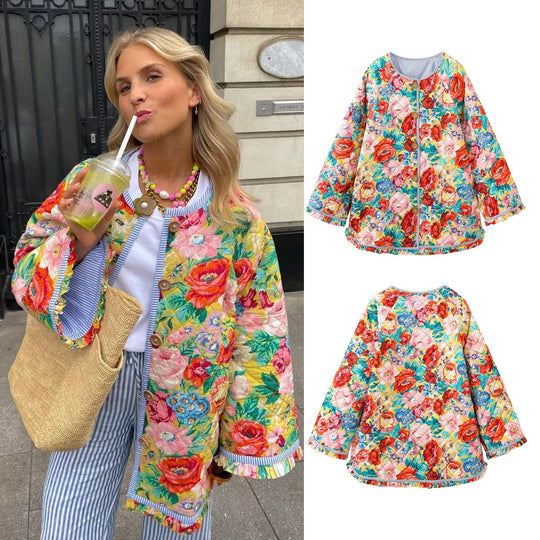 Damen Überwurfjacke mit buntem Blumenmuster und dekorativen Knöpfen EB