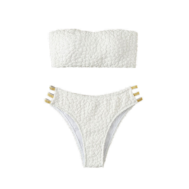 Damen Bandeau-Bikini mit dekorativen Riemen und strukturiertem Oberteil EB