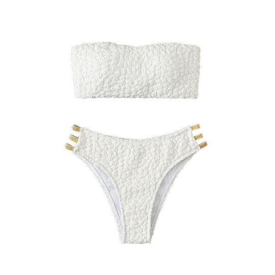 Damen Bandeau-Bikini mit dekorativen Riemen und strukturiertem Oberteil EB