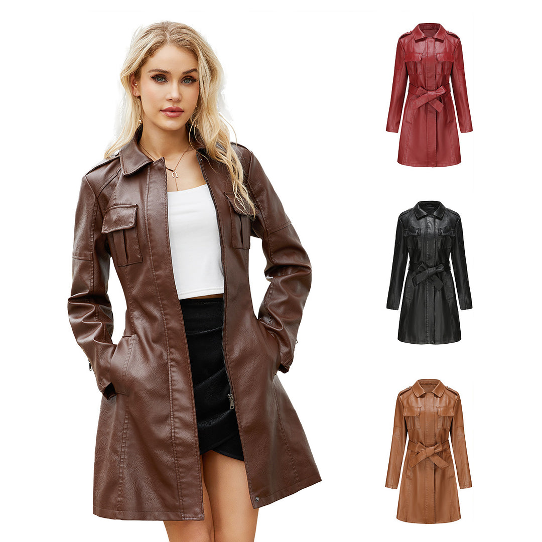 Damen modischer Trenchcoat aus hochwertigem Kunstleder EB