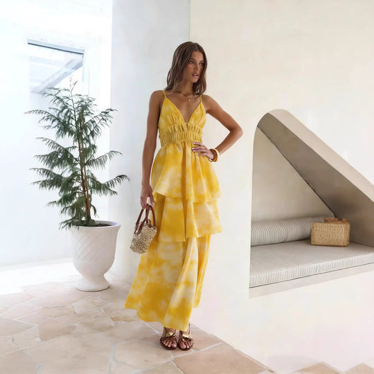 Damen Maxikleid mit voluminösen Rüschenschichten und V-Ausschnitt EB