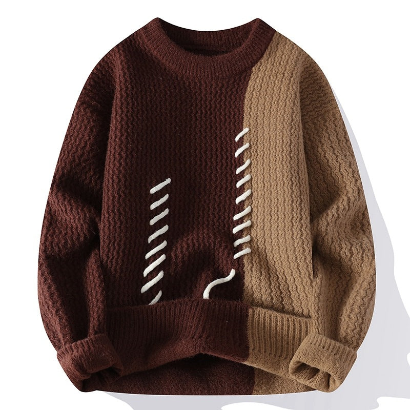 Unisex nan strukturierter Strickpullover mit asymmetrischem Zweifarbdesign und dekorativer Ziernaht EB