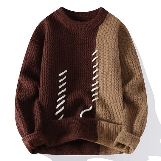 Unisex nan strukturierter Strickpullover mit asymmetrischem Zweifarbdesign und dekorativer Ziernaht EB