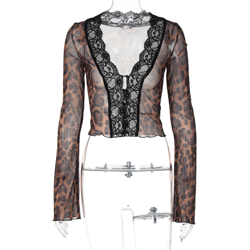 Damen Transparente Spitzenbluse mit Leopardenmuster EB