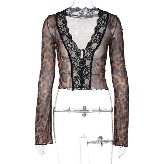 Damen Transparente Spitzenbluse mit Leopardenmuster EB