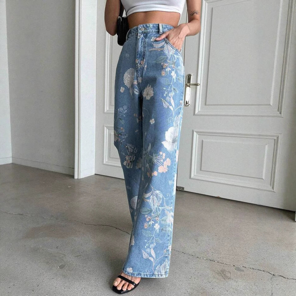 Damen Weite Denim-Hose mit floralem Muster und hohem Bund EB