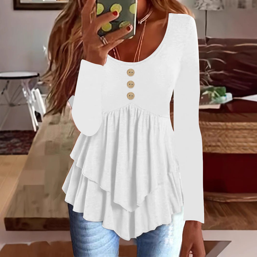 Damen Langarm Blusenshirt mit mehrlagigem Design und dekorativen Knopfdetails EB