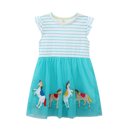 Mädchen Tüllkleid mit buntem Einhorn-Motiv und gestreiftem Oberteil EB
