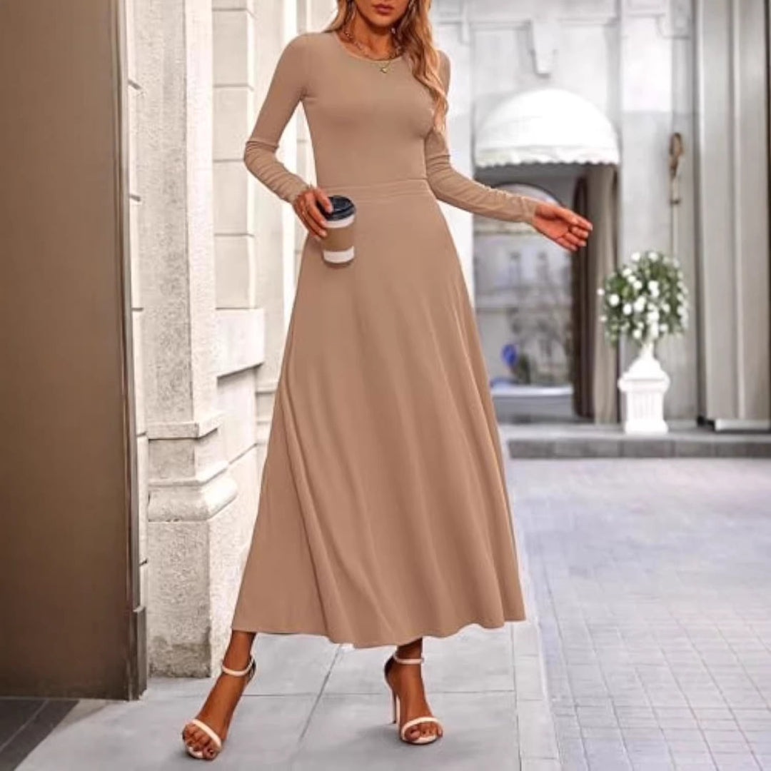 Damen Langärmeliges Maxikleid mit tailliertem Oberteil und fließendem A-Linien-Rock EB