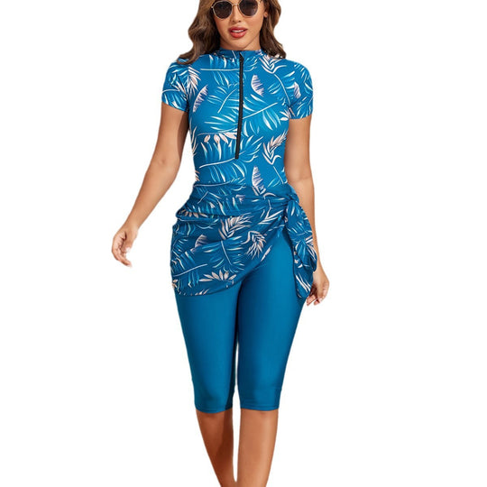 Damen Sportlicher Einteiler Badeanzug mit ergänzenden Leggings und Wickelrock EB