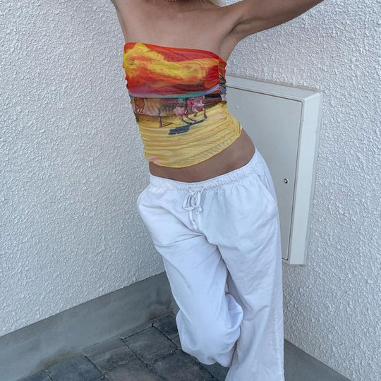 Damen Bandeau-Oberteil mit buntem, künstlerischem Druck und elastischem Material EB