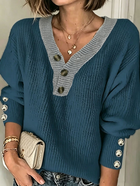 Damen Feinstrickpullover mit tiefem V-Ausschnitt, kontrastierter Knopfleiste und Zierknopf-Ärmeln EB