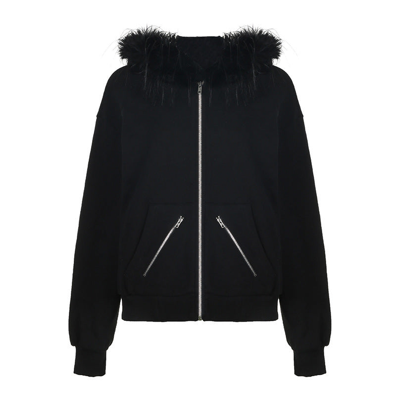 Damen warme Sweatjacke mit abnehmbarem Kunstfellkragen EB