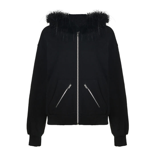 Damen warme Sweatjacke mit abnehmbarem Kunstfellkragen EB
