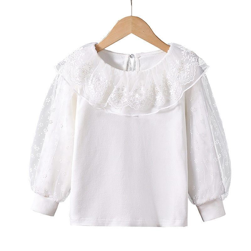 Mädchen Bluse mit floralem Tüllkragen und eleganten Puffärmeln EB