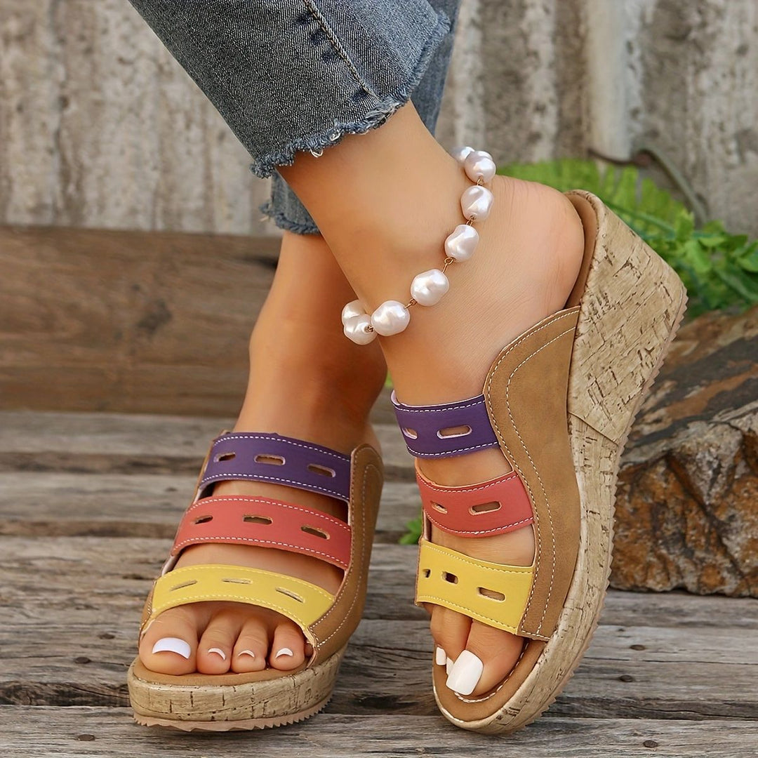 Damen Wedge-Pantoletten mit buntem Riemendesign und Korksohle EB