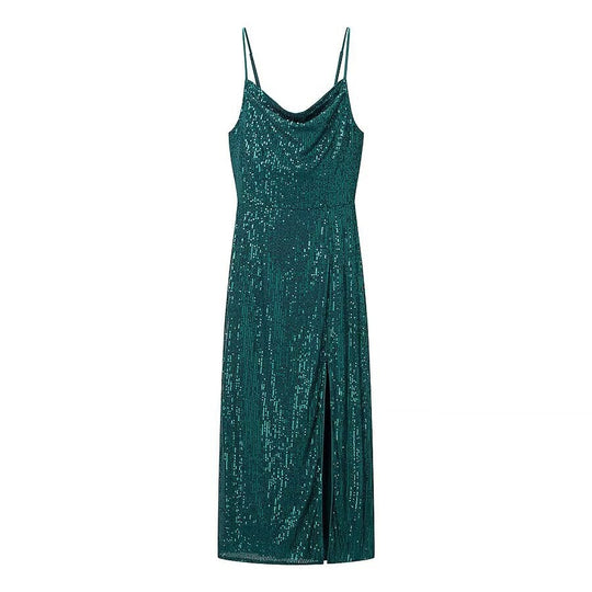Damen Glamouröses Midikleid mit schimmerndem Stoff und bequemen Spaghettiträgern EB