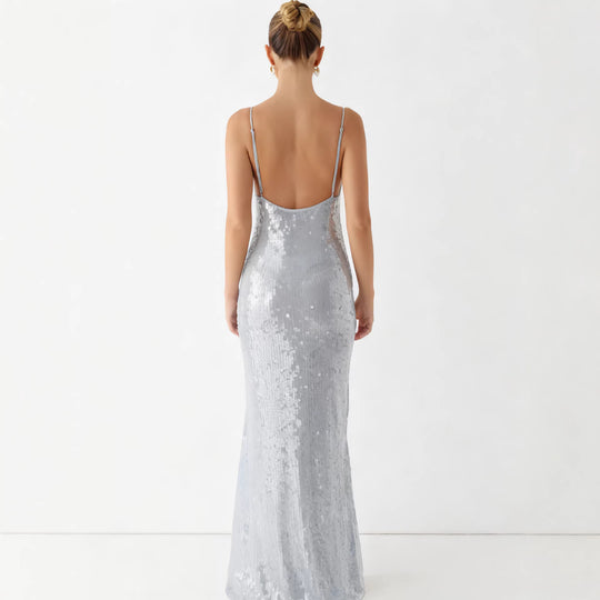 Damen Glamouröses Pailletten-Maxikleid mit schmalem Schnitt und feinen Spaghettiträgern EB