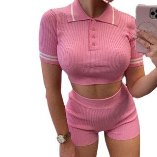 Damen Sportliches Kurzarm-Set mit hohen Bund und strukturiertem Stoff EB