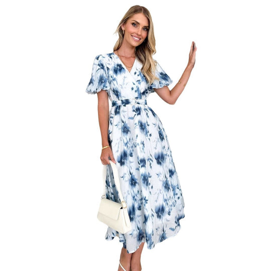Damen Maxi-Kleid im lässigen Wickelstil mit voluminösen Ärmeln und Taillengürtel EB