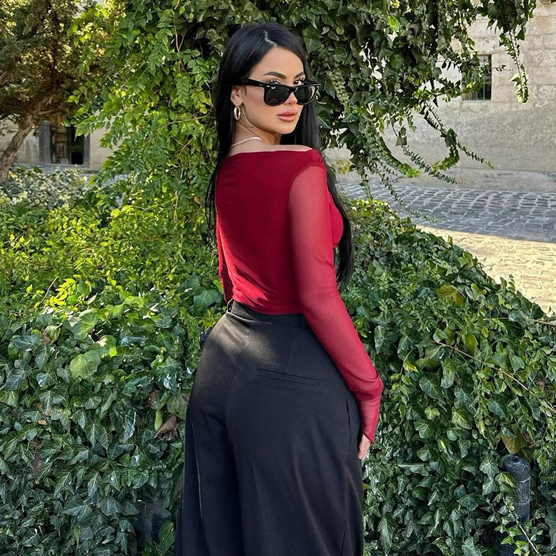 Damen elegantes Wickelshirt mit schulterfreiem Design und transparenten Ärmeln EB