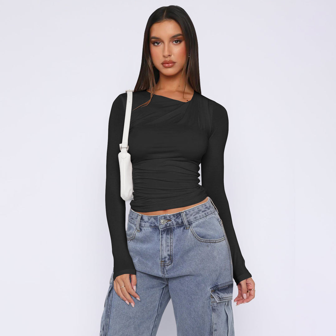 Damen Langarm-Rippoberteil mit asymmetrischem Ausschnitt EB
