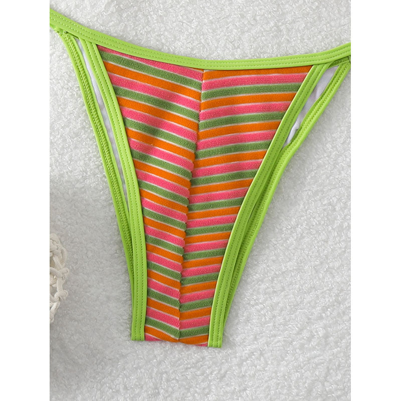Damen Triangel-Bikini mit trendigem Streifenmuster und anpassbaren Bindebändern EB
